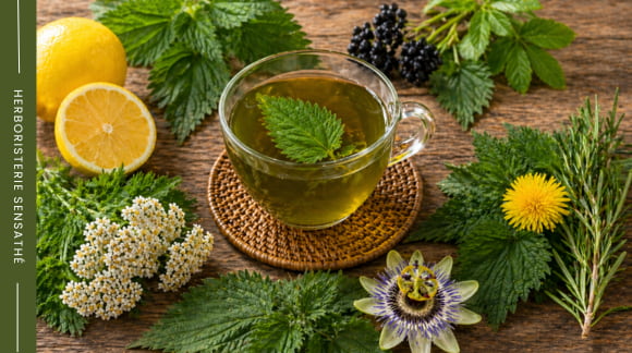 Association de plantes ortie, passiflore, achillée millefeuille pour l'infusion - Herboristerie Sensathé